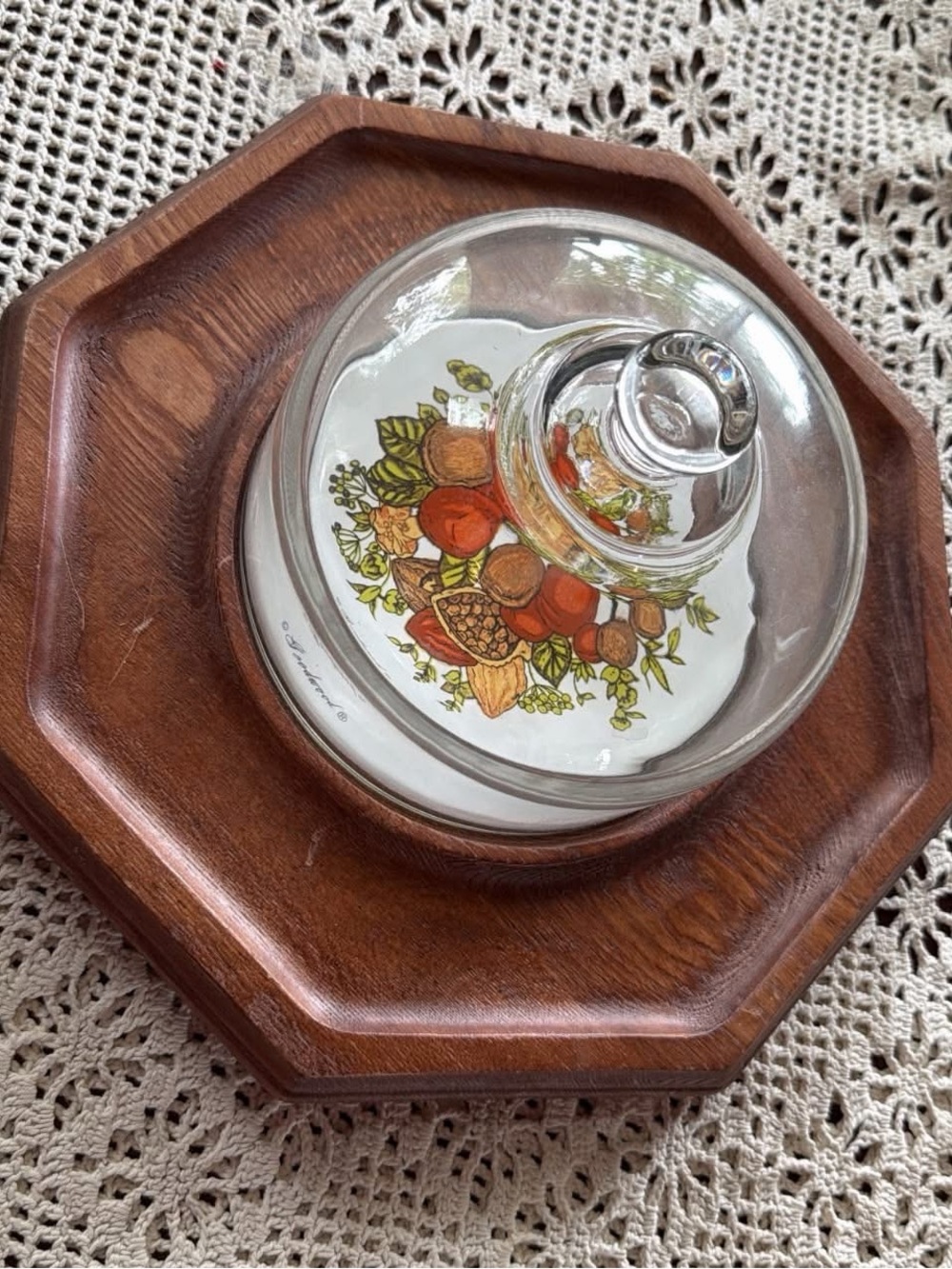 Glass Cheese & Cracker Board with Autumn Fruit Motif on Brown Wood Base